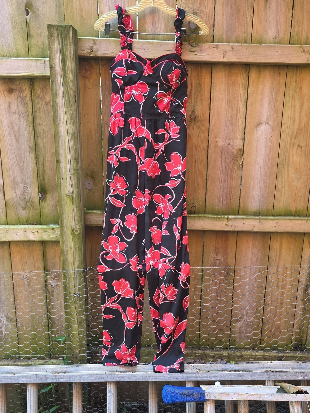 Women’s Black Jumpsuit with Red Floral Print